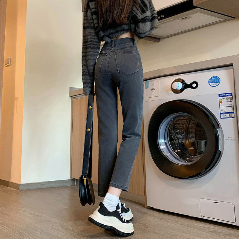 Picture of Black gray jeans women's net red autumn and winter stretch high waist straight pants all-match slim fit cropped smoke tube French stick pants