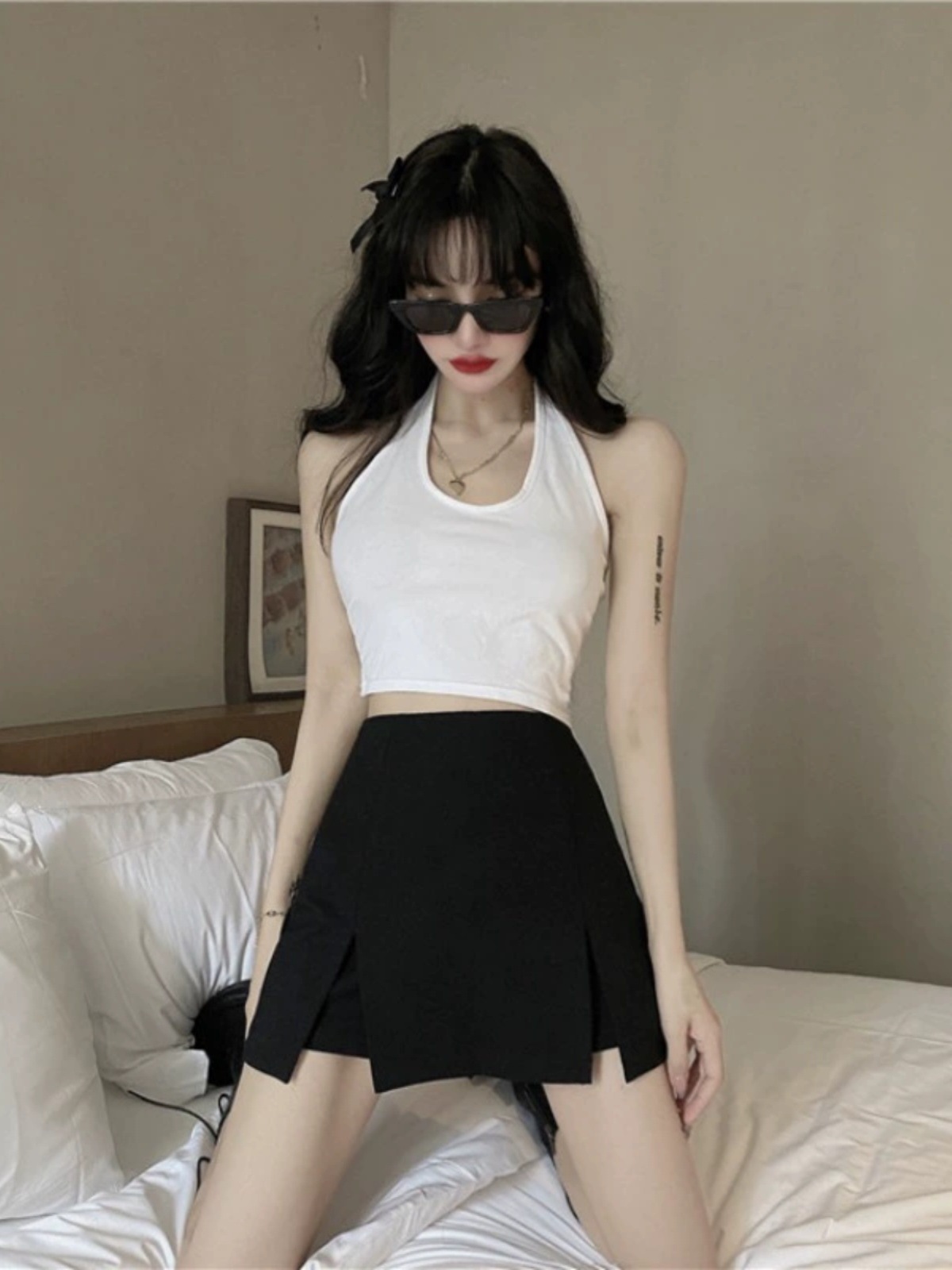 A- shaped skirt women's 2024 summer new split high waist slim hip skirt black design skirt