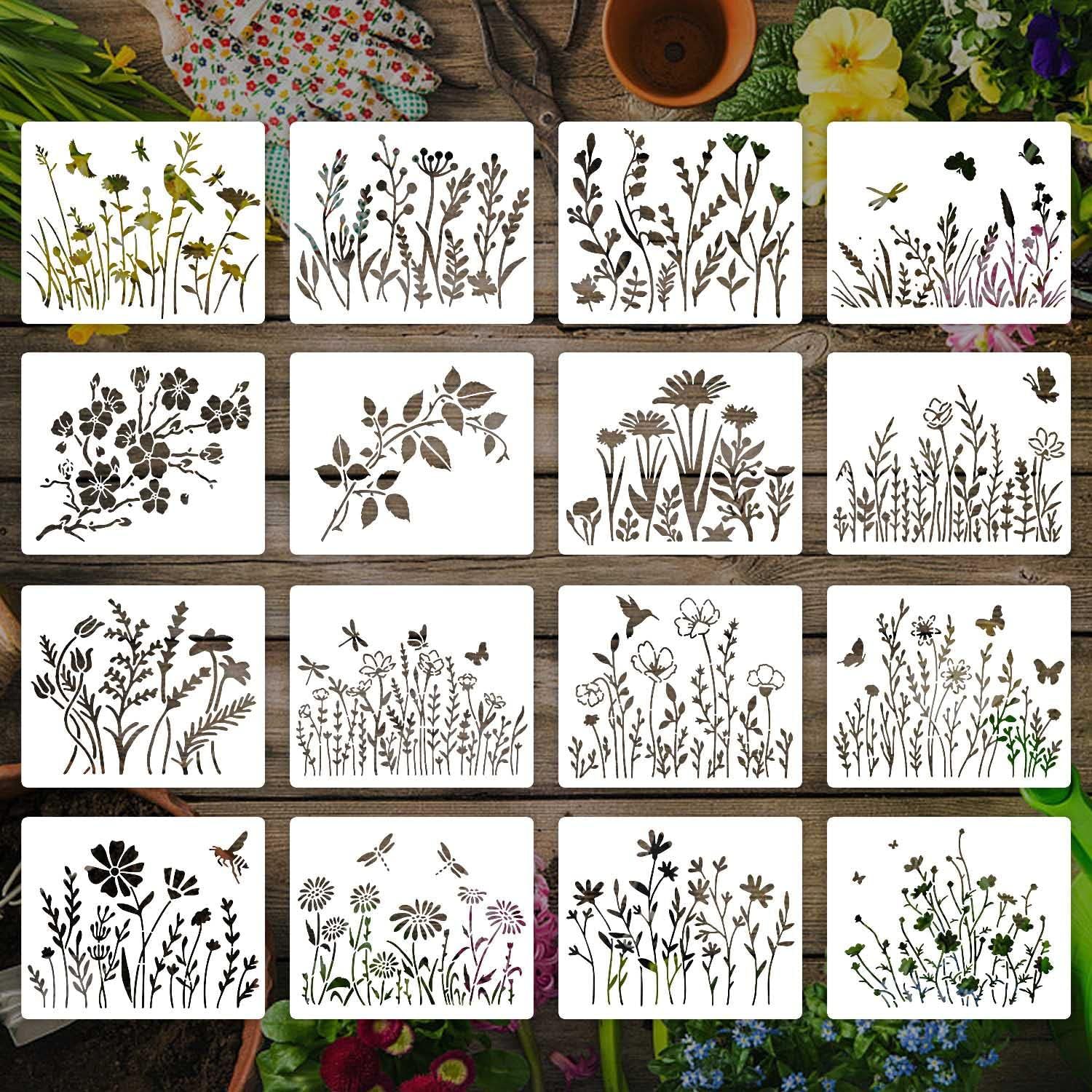 16 flowers and leaves hollow painting template children student hand-painted DIY pattern copy graffiti auxiliary tool