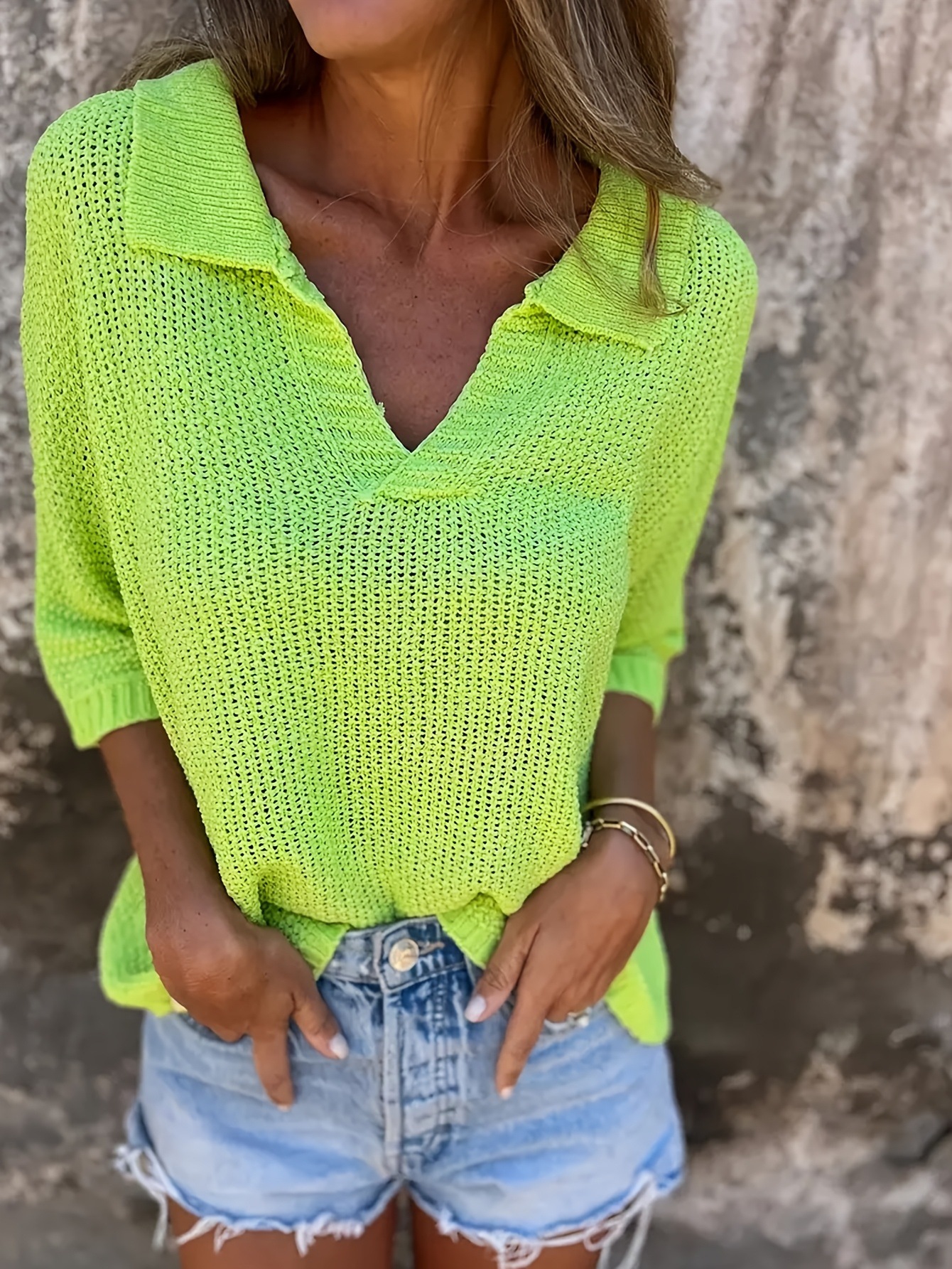 Amazon 2025 European and American Cross-Border Women's Summer New Lapel Knitwear Three-Quarter Sleeve Pure Color Bottoming Shirt for Women