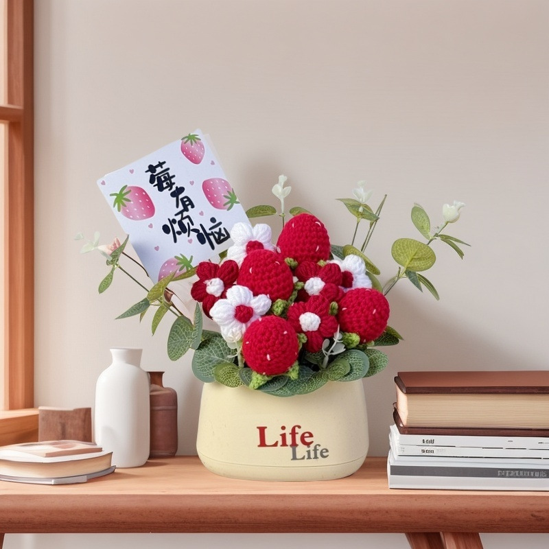 Picture of Creative bouquet knitted flowers diy material hand-woven potted finished desktop ornaments send goddess send mother