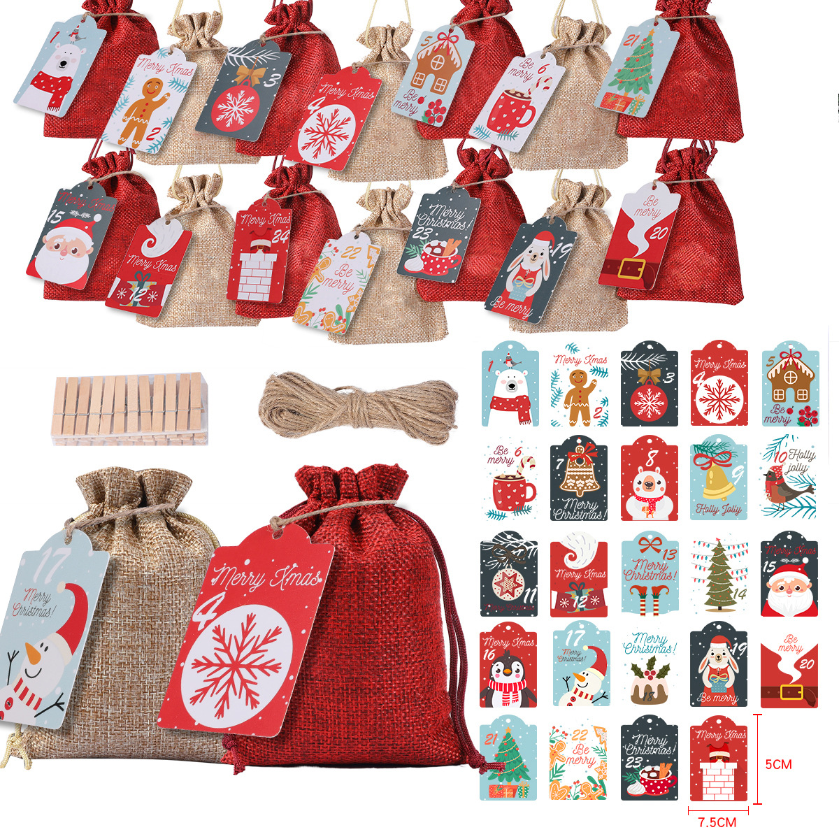 Christmas Gift Bag Set Advent Calendar Countdown Drawstring Gift Bags Holiday Party Kids Candy Bundle Pocket