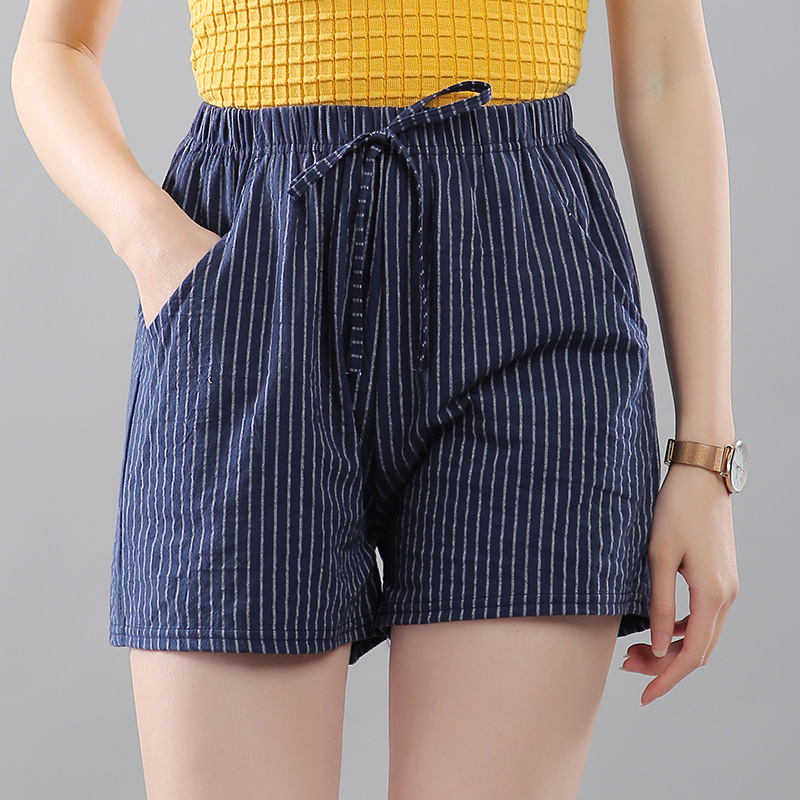 Picture of Women's Loose-Fitting Plus-Size Cotton Shorts, Casual Wide-Leg Summer Striped Shorts with Pockets, 2021 Slimming