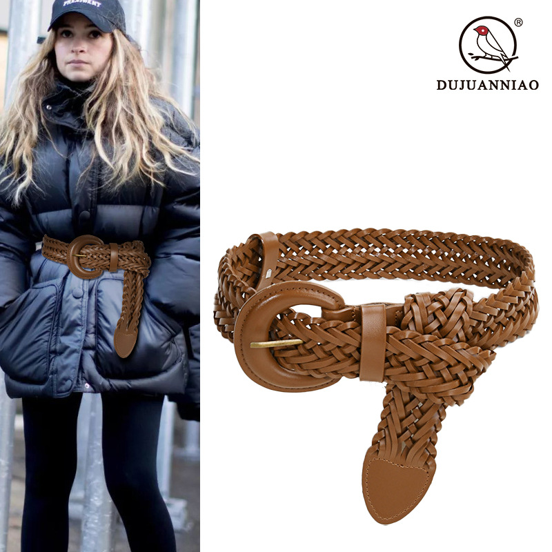 Women's Wide Belt Non-perforated Woven Genuine Leather Summer Decorative Suit Two-layer Cowhide with dress Waist Small Belt