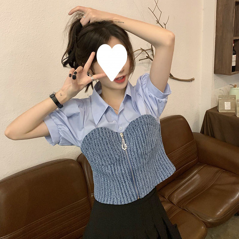 Fashion Stitching Shirt Women's Design Sense Spring and Summer 2022 French Retro Slim-Fit Slimming Short-Sleeved Top