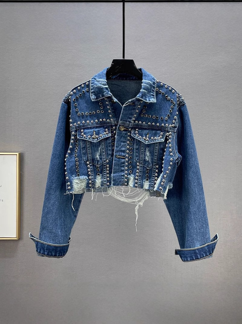 European foreign trade new heavy industry rivet diamond Denim coat women's long sleeve loose fashion fried street jacket top