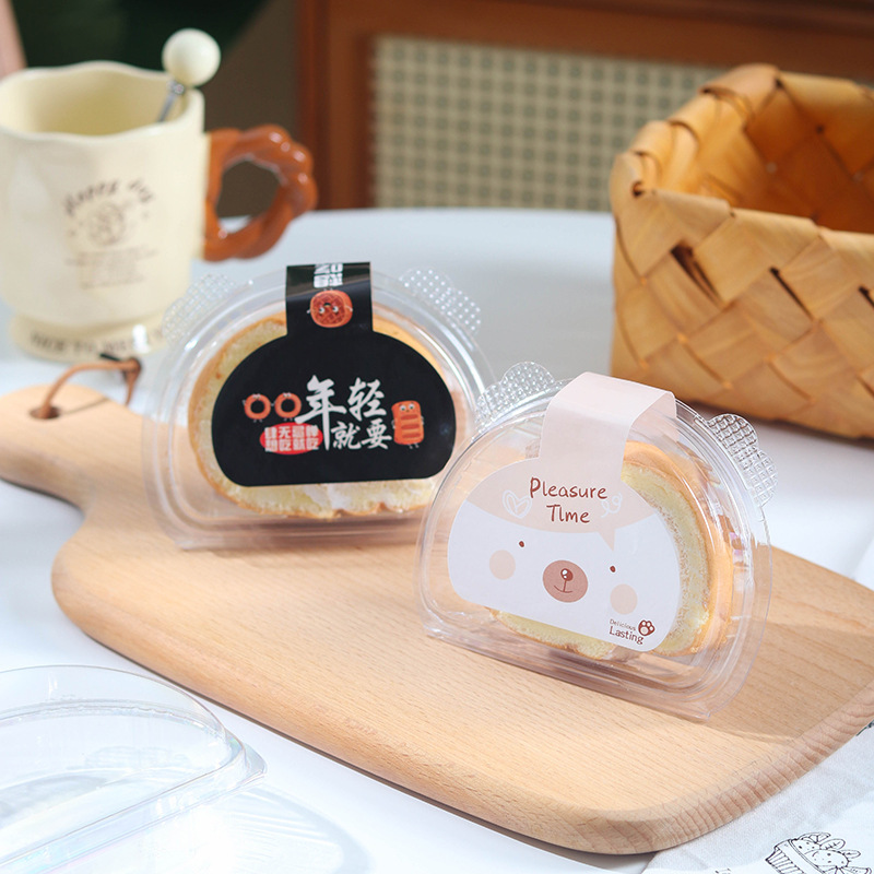 [Whole Piece] Single Cake Packaging Box Sliced Tiger Skin Swiss Roll Baking West Point Semi-round Transparent Box Lovable Bear