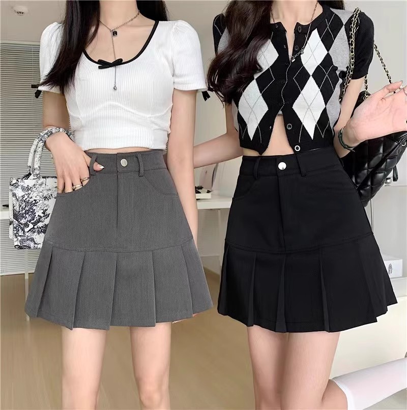 Grey Pleated Suit Skirt Women's Summer High Waist plus size chubby girl Belly Covering Slim A- line Hip Skirt