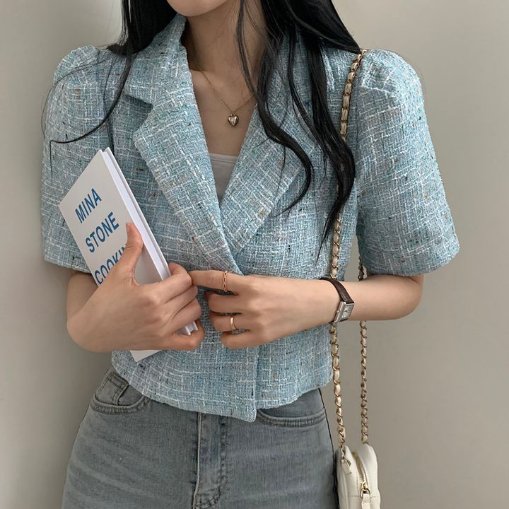 2025 New Summer Women's Short-Sleeved Fashionable Retro Elegant Lapel Two-Button Loose Short Woolen Jacket