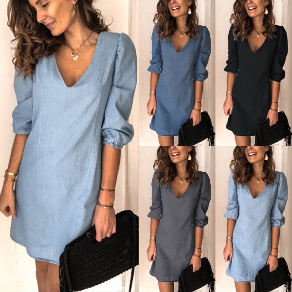 2021 Amazon Quick Sale wish New Autumn Women's Casual Solid Color Stitching V-Neck Denim dress