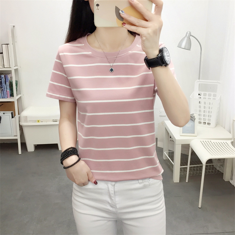 chubby girl plus size Loose Cotton Short-sleeved T-shirt Women's Summer Wear Middle-aged Mom All-match Striped Top Slimming T-shirt