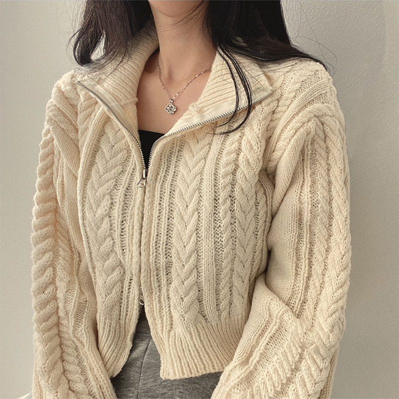 Autumn and Winter 2025 New Korean Style Retro Elegant Student Double Zipper Twist Sweater Jacket Women's Knitted Cardigan Jacket