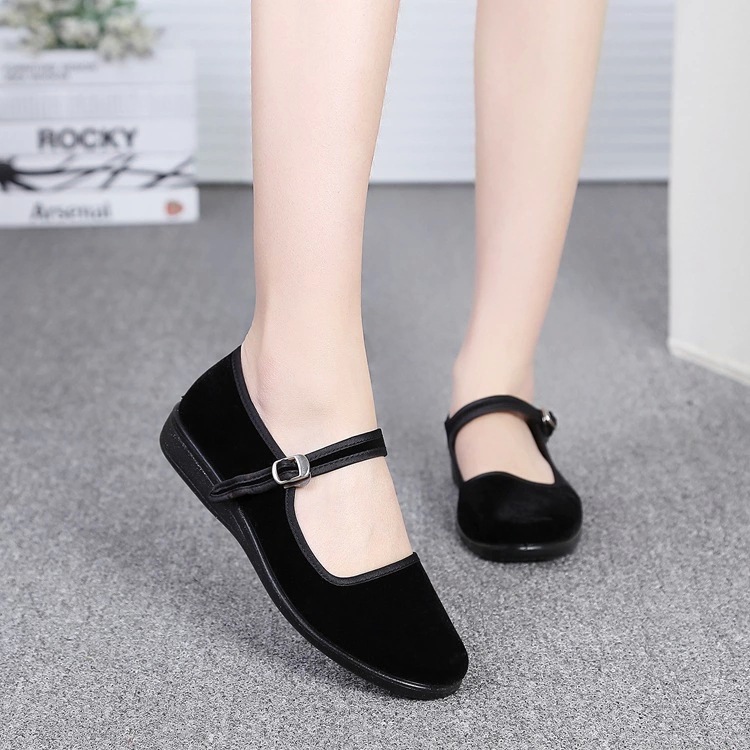 Old Beijing cloth shoes women's work shoes flat non-slip soft bottom comfortable belt Women's cloth shoes black Hotel flat shoes