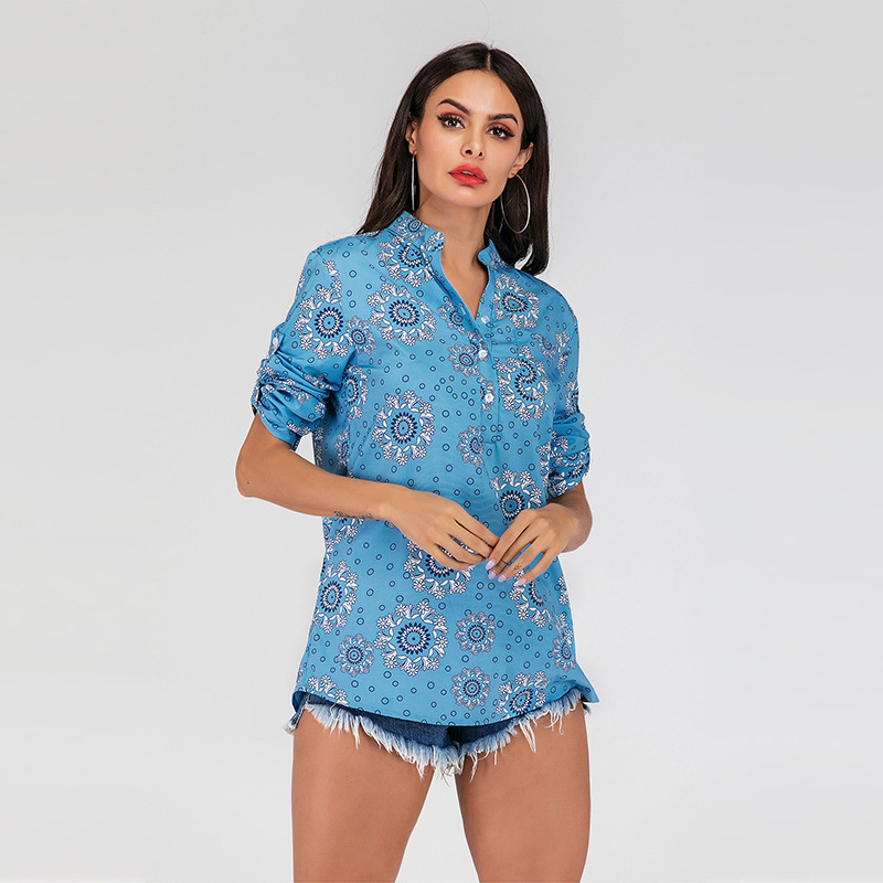 Amazon Independent Station Cross-border Foreign Trade Europe and America Retro Women's V-neck Printing Long Sleeve Pullover Blue Shirt Women's Cotton