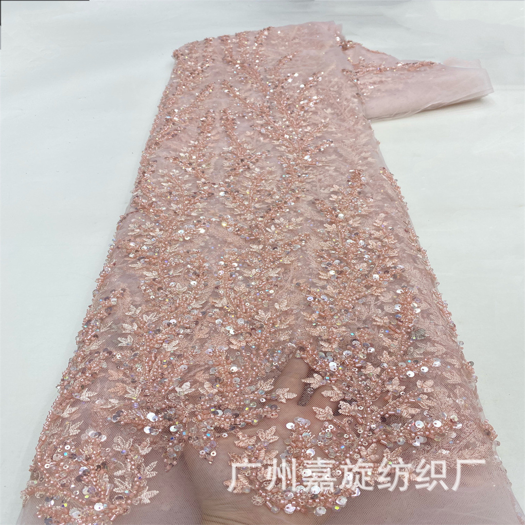 In-Stock Heavy Embroidery Sequin Bead Tube Embroidery Wedding Dress Embroidered Fabric Mesh Performance Clothing Fabric Embroidery