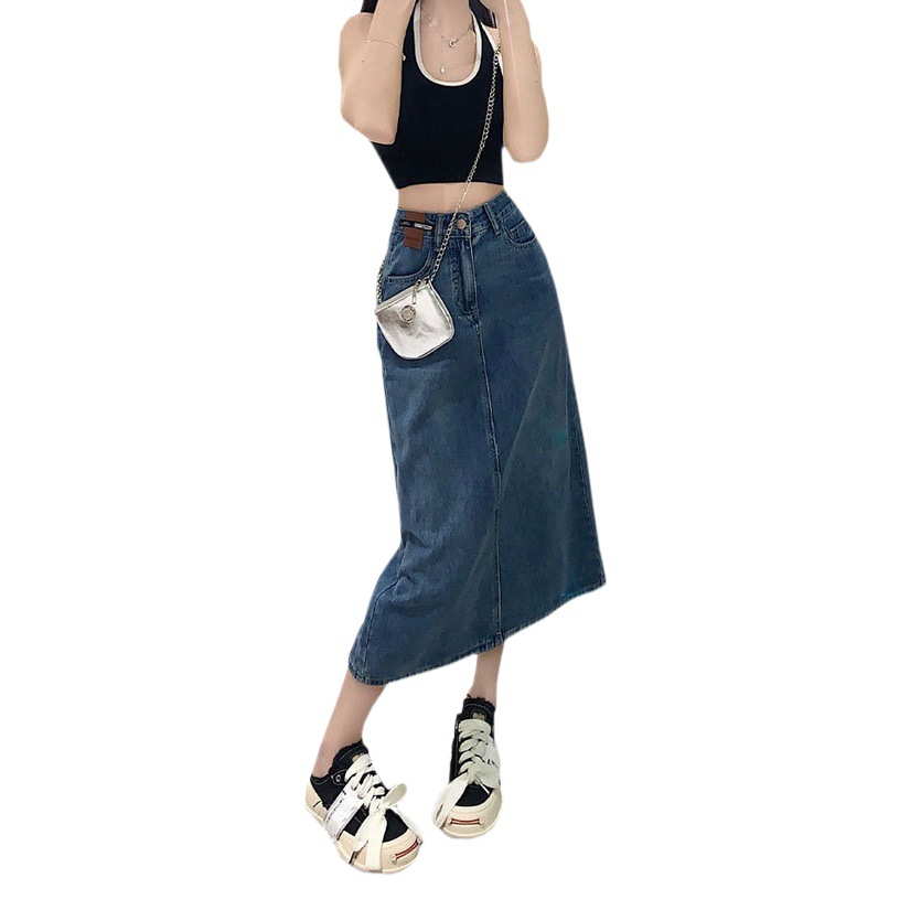 Fashion Design Leather Brand Skirt Women's Ins High Waist Mid-length Vintage A- Line Hip Covering Split Hip Denim Skirt