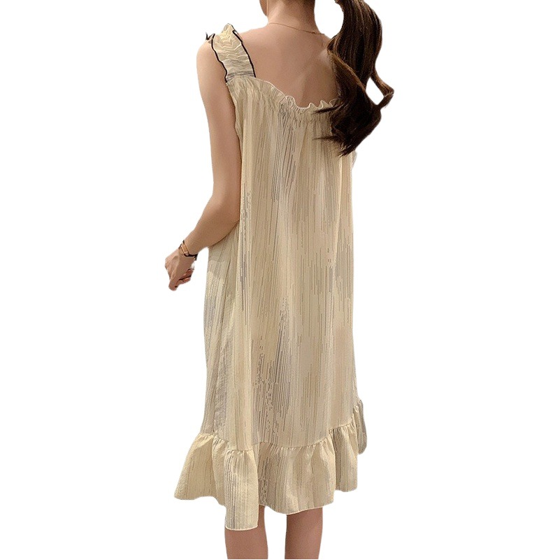 Fairy Style Thin Polyester-Cotton Suspender Nightgown for Women Summer Breathable Can Be Worn Outside Girls Home Clothes Sleeveless Square Collar Mid-Length