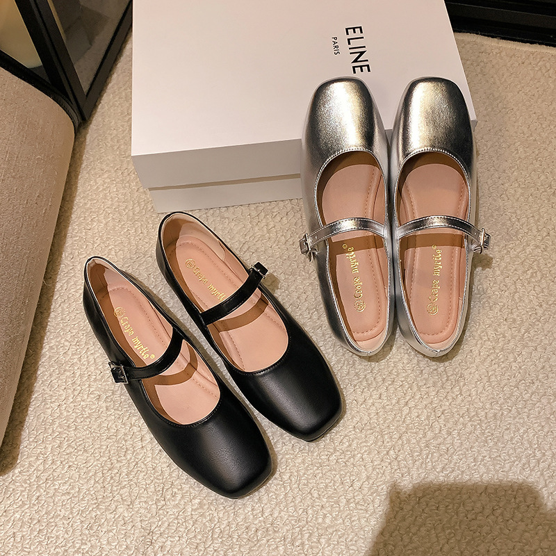 Grape Mom's Same Style 2025 Spring New French Calfskin Square Toe Bow Ballet Shoes Women's Flats Shoes