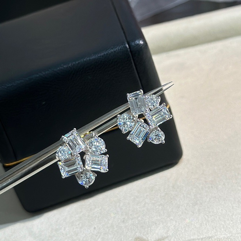S925 Silver Emerald Cutting High Carbon Diamond Simulation Technology Irregular Shaped Bam Cluster Ear Pat Earrings Women's Ear Studs