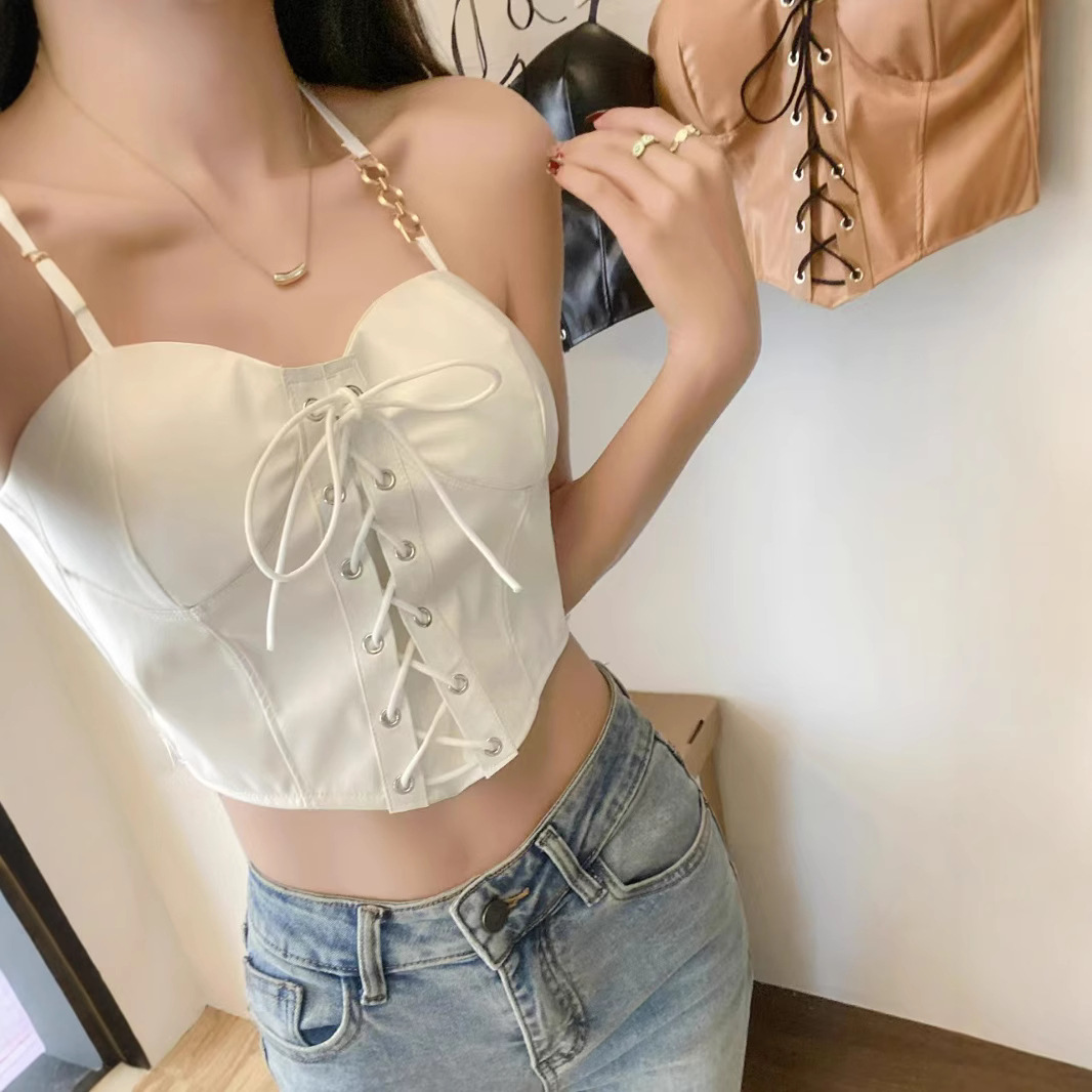 New Pure PU Leather Lace-up Wind Strap Hanging Neck Outer Wear Beautiful Back Short Sling Vest with Chest Pad Wrapped Top