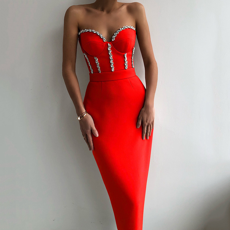 2022 New European and American Fashion Atmospheric Nail Drill Sleeveless Strapless Sexy Party Elegant Bandage Dress for Women