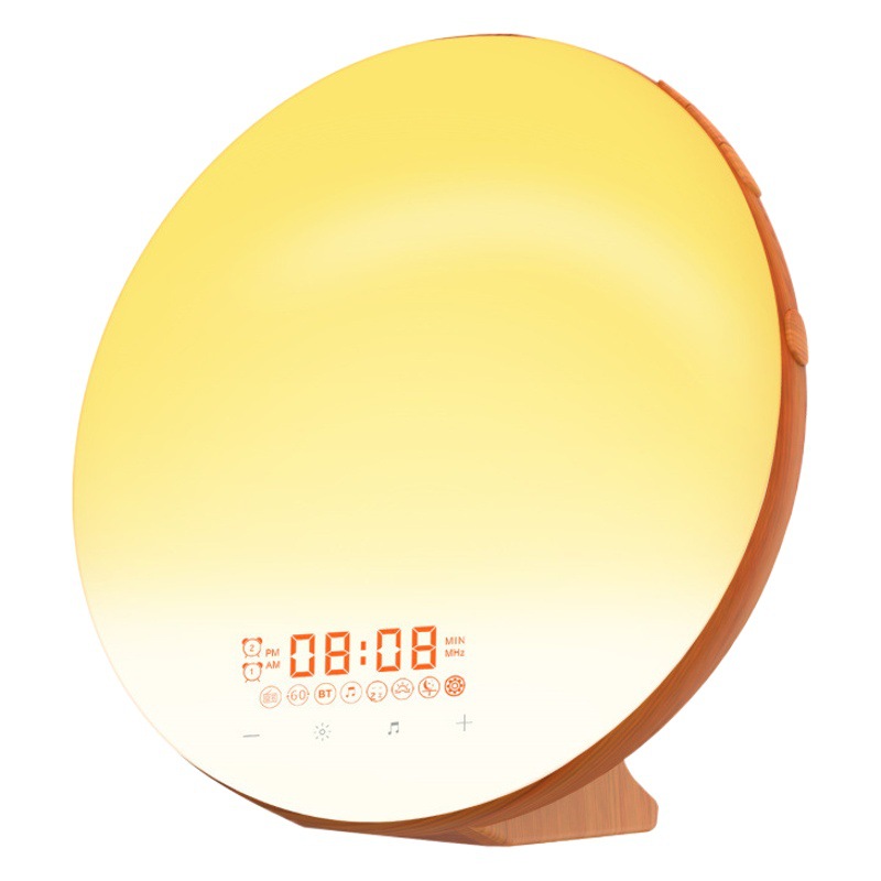 Eco-friendly wood grain LED alarm clock wake-up light simulates sunrise and sunset wake-up and sleep atmosphere night light FM Radio