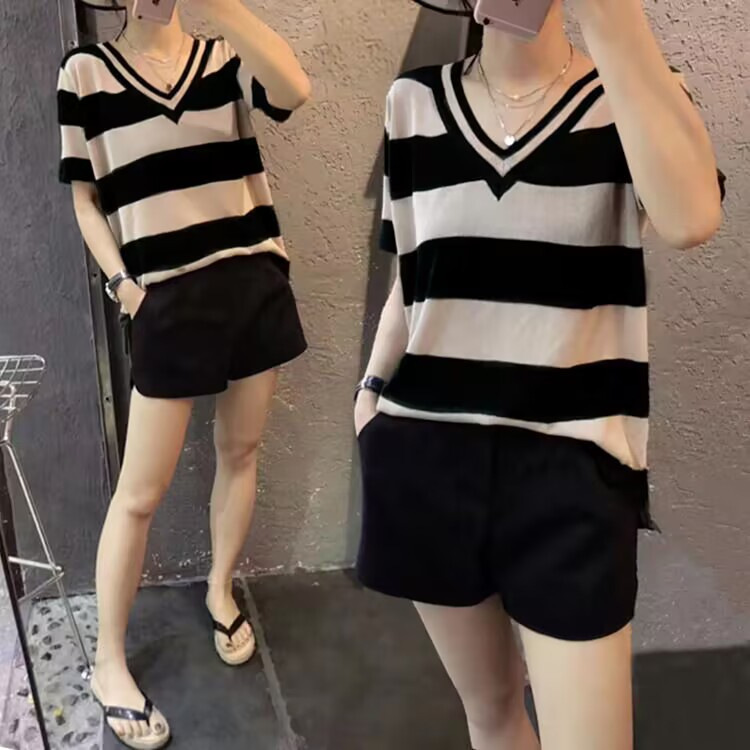 Korean style women's belly covering short sleeve loose plus size summer fat sister slimming Western style T-shirt black striped suit