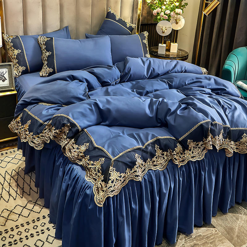 Foreign trade cross-border hair lace side bed skirt bedspread sanding set of 1.5 meters 1.8m Nordic blue thickened