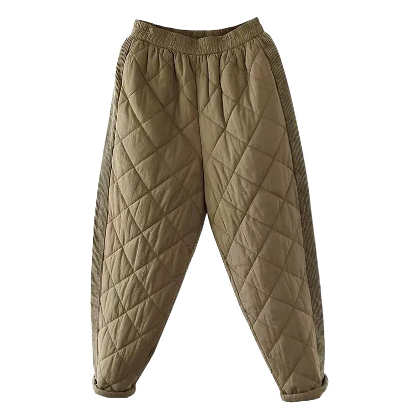 Women's Clothing Clearance Foreign Trade Down Cotton Pants Women's Winter Cut Label Stitching Strip Velvet Rhombic Line Windproof Warm Haren Pants