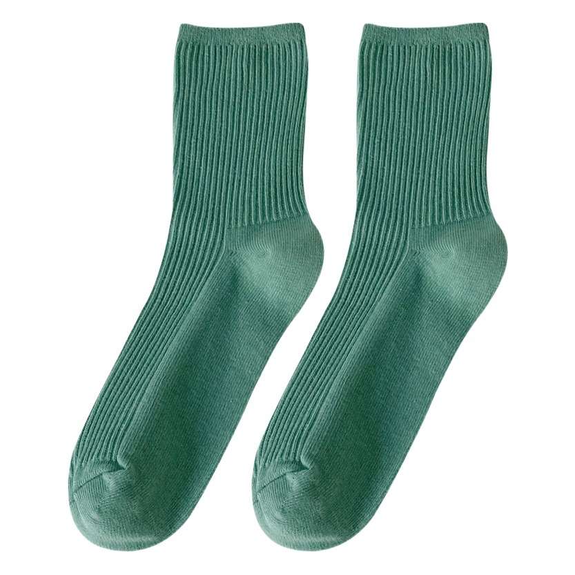 New Japanese Style Double Needle Stacking Socks Ins Trendy Green Spring and Autumn Mid-length South Korea Socks Solid Color Women's White Socks