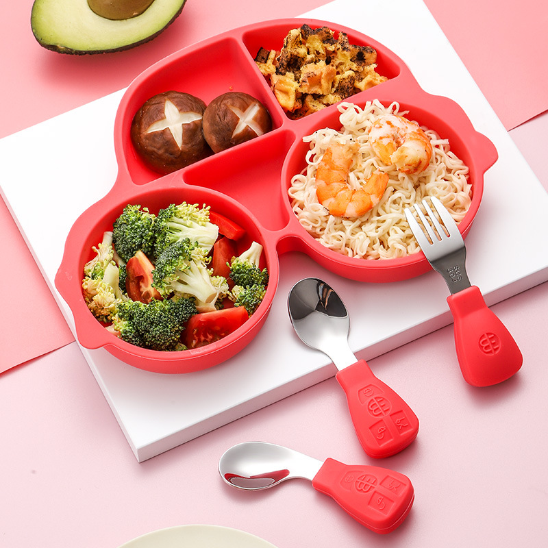 Picture of Amazon Cartoon Children's Car Silicone Dinner Plate 304 Stainless Steel Spoon Fork Gift Baby Learning Dining Tableware Set