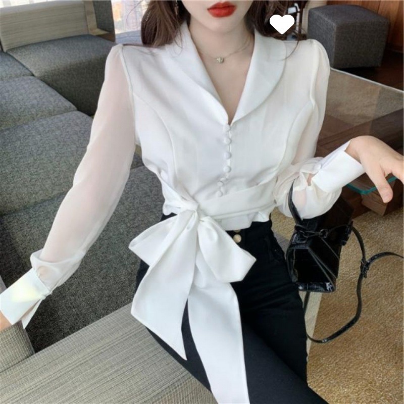 Shirt Women's 2021 Spring Hong Kong Style Collar Long Sleeve Bow Tie Waist Chiffon Shirt Short Top