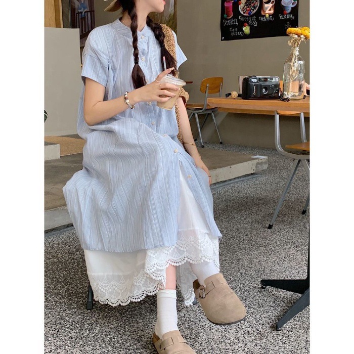Picture of Blue Stripesd Short-Sleeved Shirt Dress for Women Summer 2025 New Korean Style Loose Mid-Length Stacked Two-Piece Set