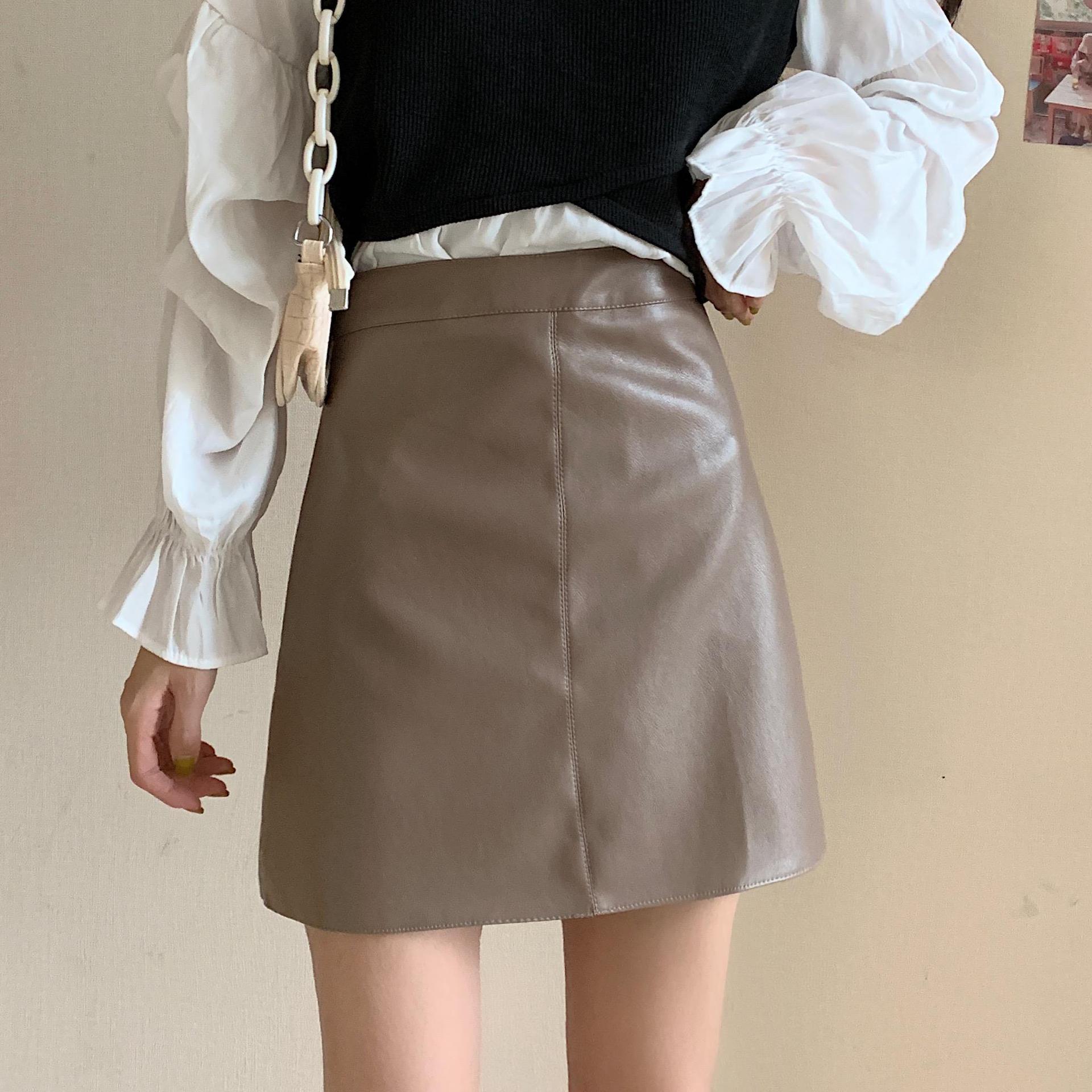 Small Leather Skirt Women's 2022 Autumn Anti-glare Skirt All-match PU Leather Skirt High Waist Slimming A- line Skirt Hip Skirt