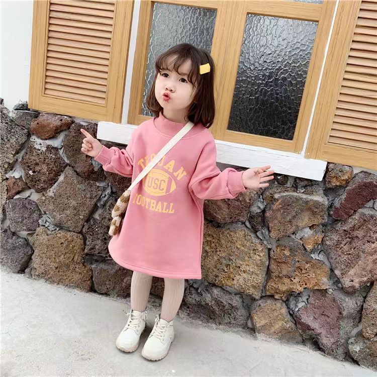 Girls' fleece-lined sweater Western style 2023 new autumn and winter clothing girls' mid-length thickened pullover long sleeve top dress