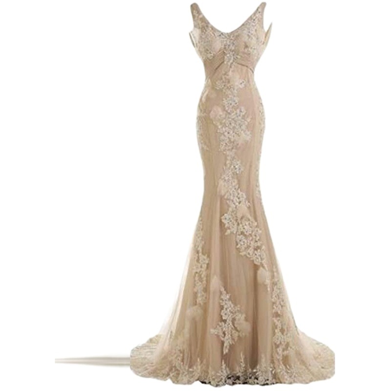 2022 New Style Chiffon Lace Sexy V-Neck Backless Small Tail Evening Dress