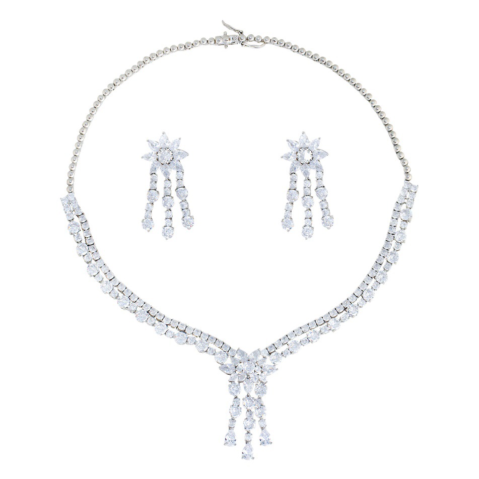 Brilliant High-end Tassel European-style Dinner Dress Collar Chain Set Chain All-match Bridal Zircon Necklace Earrings suit