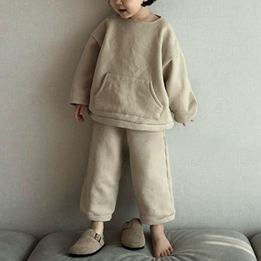 Picture of 23 Winter Wear Korean Style Children's Wear New Arrival suit Korean Style Simple Cute Big Pocket fleece-lined Casual Two-Piece Set for Boys and Girls