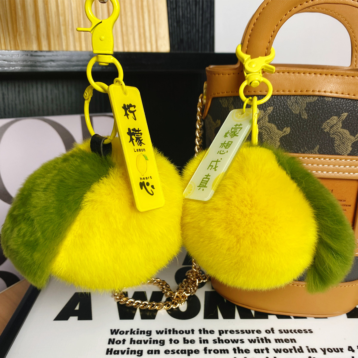 Wholesale real rex rabbit fur small lemon mobile phone pendant lemon heart car keychain plush schoolbag bag pendant gift
