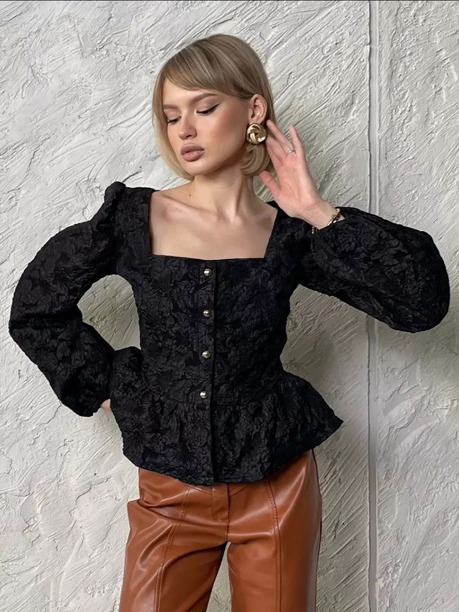 Picture of French high-end jacquard shirt 2024 new commuter square collar bubble sleeve women's shirt top spring women's clothing