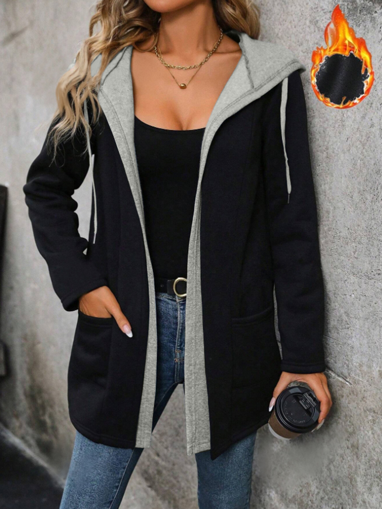 European and American Cross-Border Sweatshirt Jacket for Women, Autumn and Winter, Loose Casual Color-Blocked Faux Two-Piece Hooded Cardigan Top, European and American Style