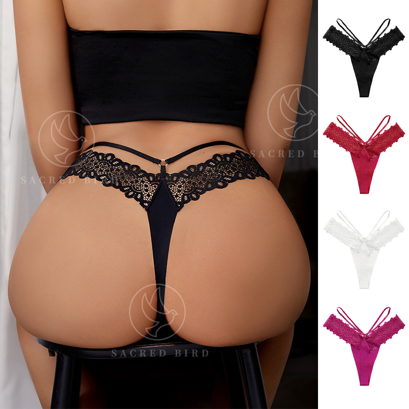 French Lace Splicing Seamless Ice Silk Quick-Drying Sports Underwear Exquisite Thin Straps Sexy T-Pants Large Size Thong for Women