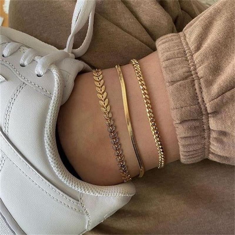 European and American Fashion Accessories Summer Hot Style Creative Fish Scale Flat Snake Chain Three-Piece Set Anklet Wholesale