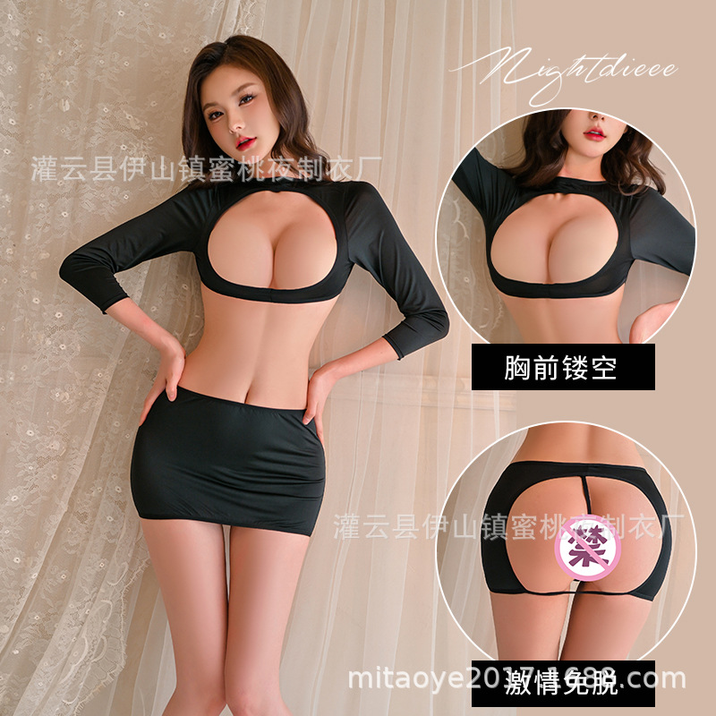Sexy Lingerie Sexy Hollow Female Secretary Uniform Temptation Hot Split Long Sleeve Top Open Short Skirt for Hair