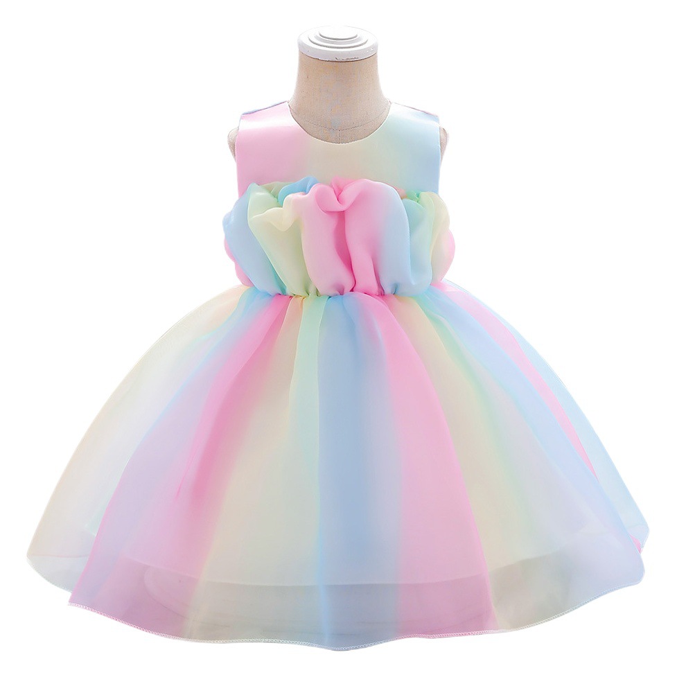 Cross-border Amazon rainbow mesh girl's dress baby princess dress colorful fluffy wedding dress performance dress