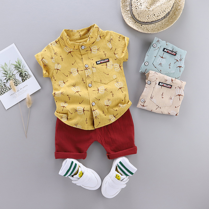Korean Style New Summer Children's Clothing Korean Style Boys and Girls Baby Baby Children's Suit Cotton Linen Shirt Short Sleeve Suit Summer Clothing