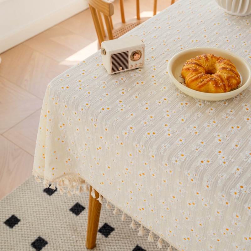 Small Fresh Cotton and Linen Cloth Tablecloth Ins Small Daisy Floral Tablecloth Tassel Photo Simple Rectangular Tablecloth