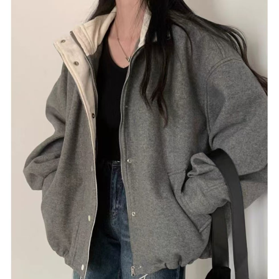 French Spring 2025 New Retro Gray Tweed Jacket Feminine Loose Jacket Baseball Jacket Jacket Top