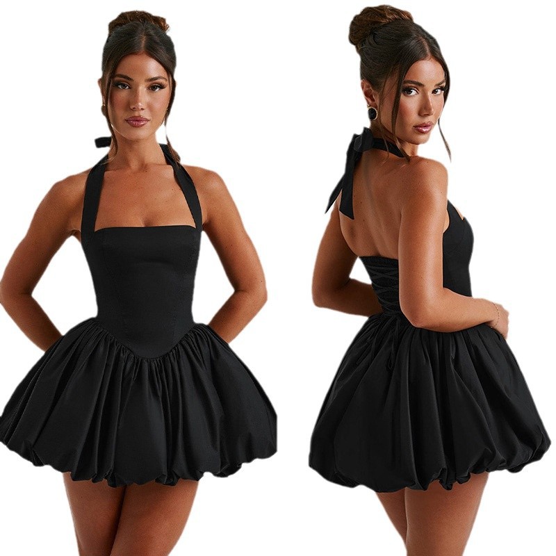 Cross-border 2025 New European and American Spice Girl Style Sexy Tight Waist Slim Taped Skirt Hanging Neck Strap Bow dress