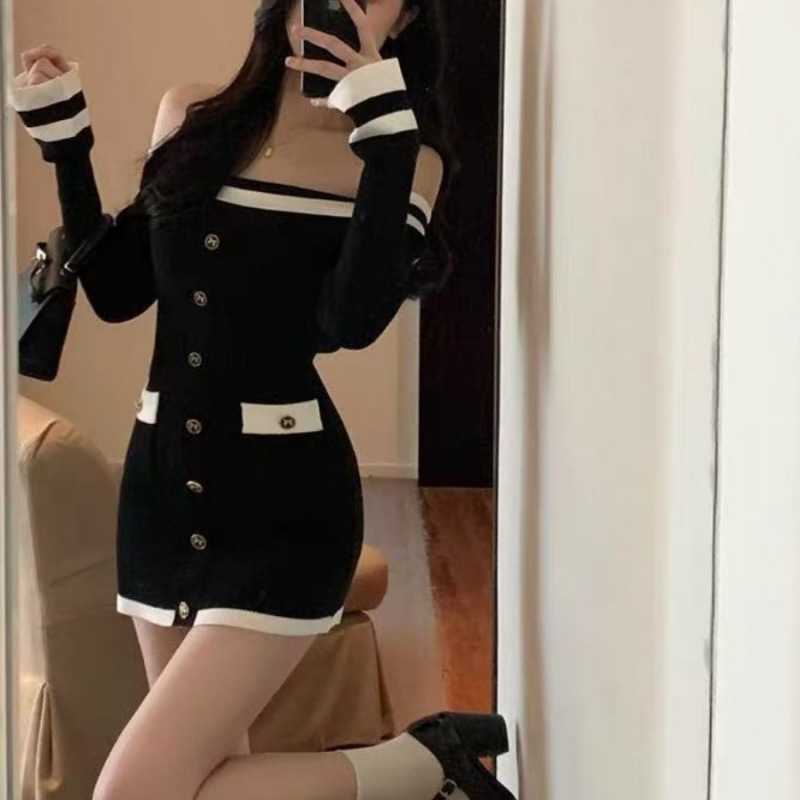 Foreign trade women's clothing pure desire hot girl one-line neck off-the-shoulder wrap heart gauze knitted dress women's tight buttocks skirt small fragrance